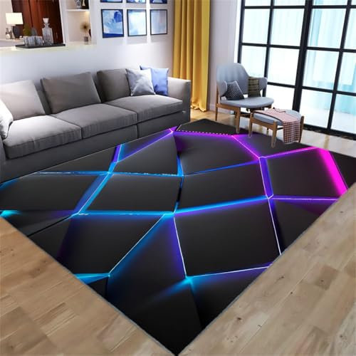 Gaming Carpets for Bedroom Teenager, 3D Vision Neon Lines Printing Living Room Area Rugs Non-slip Floor Mats Easy Clean Soft Flannel Carpet for Boys Gaming Room (Colour 2,80x160cm)