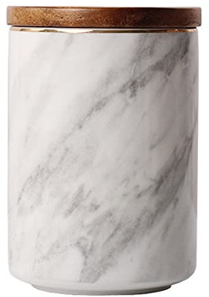 Zuccheriera in ceramica in marmo con bordo dorato e coperchio in legno per alimenti per spezie (colore: L)