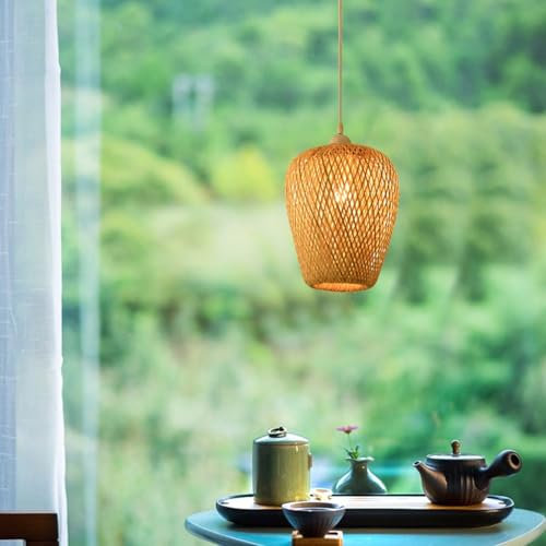 Suspension E27 Lustre Bambou Tissé À La Main Lampe Naturel Lustre Suspendue Hauteur Réglable Lanterne Plafonnier Restaurant Lustre Salon Chambre Bureau Éclairage Décoratif Suspension Luminaire(24*25cm