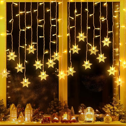 OWill Cortina Luces de Copo de Nieve 3.5M - 96 LED, 8 Modos Con Enchufe - Decoración Para Navidad, Boda, Hogar, Patio y Escaparates