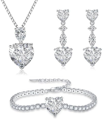 Glintara Schmucksets Silber 925 Damen, 3PCS Herz Halskette Ohrringe Armband Set mit Weiß Zirkonia, 925 Sterling Silber Herz Schmuck Set - Anhänger mit 45cm Silberkette & Hängeohrringe & Armkette