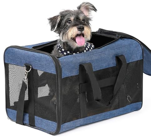Conlun Hundetransportbox Weichseitig, Große Tasche für Katzen mit Innenleine, Transport für große Katzen und mittelgroße Hunde bis 9 kg, Zusammenklappbare Reisetasche für Welpen -Blau,L