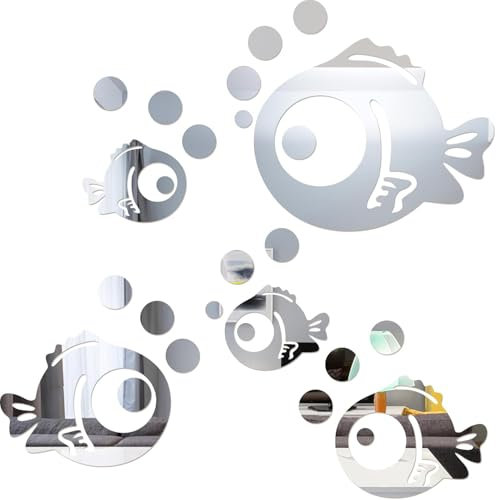 CHAOTEMAI 30 Pezzi Specchio da Parete Specchio Adesivo da Parete Decorativi da Parete Pesce e Bolle di Sapone Decorazioni da Parete 3D Specchio Wall Stickers Home,Per Camera da Letto Bagno