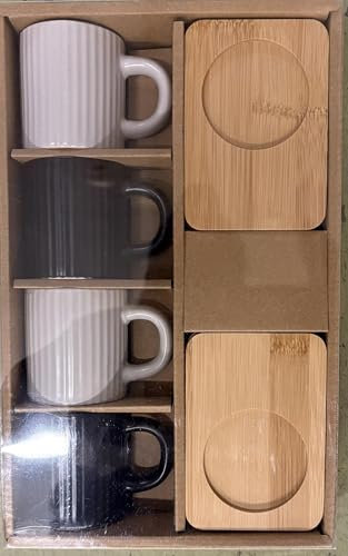 Lot de 4 tasses en céramique avec dessous de verre en bois, tasses cannelées blanches et noires, design moderne