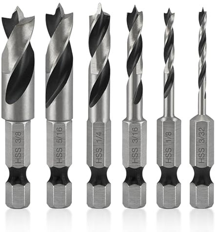 HAPPOW 6 Stück Holzbohrer Set, Bohrer mit Sechskantschaft, 1/4 Zoll Sechskant Bohrer, HSS 4241 Material, Bohrer Set Holz 9.52/7.93/6.35/4.76/3.17/2.38mm, für Holz Kunststoff Gipskarton