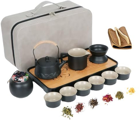 HYEIOL Gongfu-Teeservice aus Keramik, tragbares Kungfu-Teekannen-Set,japanisches Keramik-Teeset für Teeliebhaber, komplett mit Reisetasche, 14-teilig