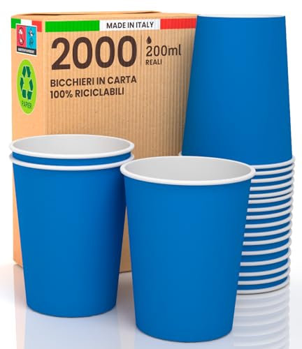 2000 Bicchieri in Carta 200ml Blu Ecologici Biodegradabili Monouso Colorati Made in Italy Asporto Bevande Calde Fredde Acqua per Compleanni Feste