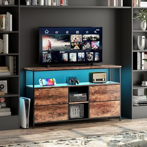 JiaOyu Mueble de TV con iluminación LED y 4 cajones de tela, armario bajo retro para televisores de hasta 55 pulgadas, mesa multifuncional con compartimentos abiertos para salón (marrón/4 cajones, 137