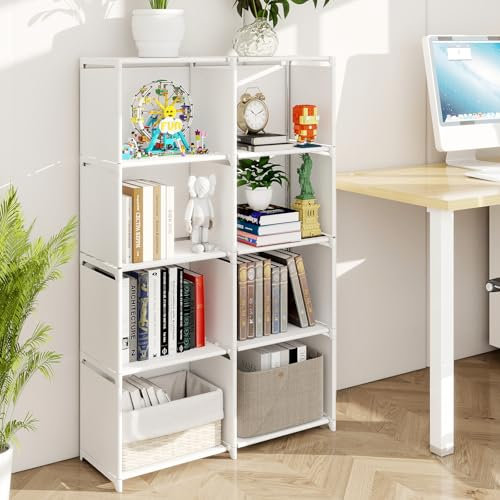 CROWNSHOP Bookshelf, 4-Tiers Bookcase with Fabric Cloth at Back, 8 Cube Storage Unit, Double Row Modular Bookshelf Organiser, Living Room, Bedroom (White)