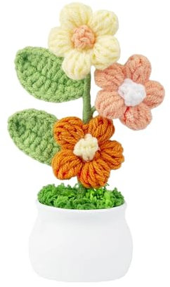 pixomixo Artificial Flowers Puff Crochet Flowers Potted Plant, Mini Knitted Flower Pot, Small Handmade Crochet Flower for Home Office Decor, Birthday Gifts for Her (Orange)