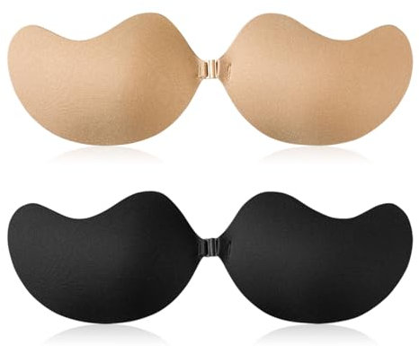 SAIIURV 2 Pairs Women's Invisible Strapless Bras, Sticky Push Up Bra, Self-Adhesive Bra, Reusable Invisible Backless Stick on Bra for Party, Bar, Wedding, Beach, and Everyday Wearing (Black, Nude)