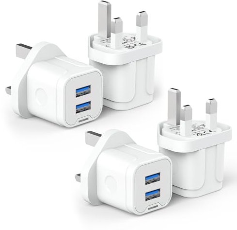 USB Plug,4 Pack Dual USB Charger Plug Adaptor UK 3 Pin Mains Charger Double Port 5V 2Amp Phone Charging Plug for iPhone 16 15 14 13 12 11 Pro Max 10 XS X XR 8 7 6 6S Plus 5 SE 2020,iPad Pro/Air/Mini