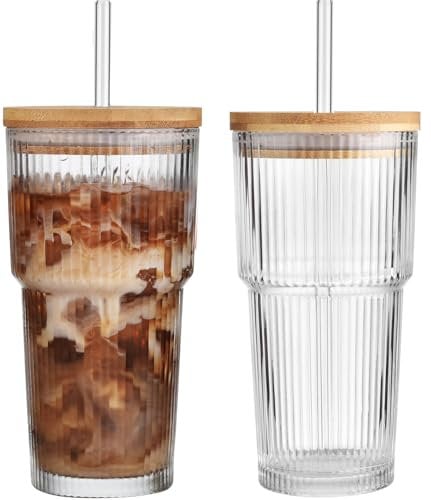 ALINK 2 Pack 20 oz Ribbed Glass Cups Tumblers with Lids and Straws Glassware Set, Thickened Glass, Ideal for Iced Coffee, Smoothies, Cocktails, and Juices