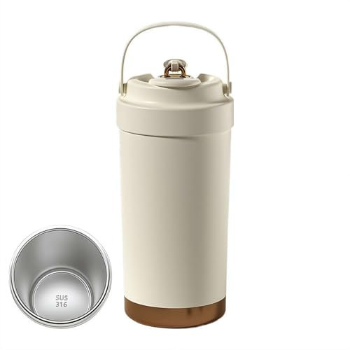 Ceramic Lined Travel Mug,Ceramic Lined Coffee Mug | 500ml Leakproof Water Bottle with Ergonomic Grip Handle, Insulated Drinks Cup for Office Desk Hydration (Stainless steel inner liner Beige)