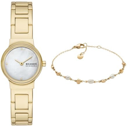 Skagen Damen Freja Lille Goldfarbener Edelstahl Uhr und Agnethe Perle Armband, Set