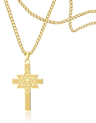 SIPURIS Davidstern Kreuz Halskette für Männer und Frauen Hexagramm Kreuz Anhänger religiöser Christenschmuck (Gold)