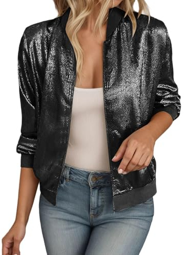 Funnyrap Bomberjacke Damen Kurze Glitzer Blouson Sweatjacke mit Reißverschluss Pilotenjacke Blouson Jacke Pilotenjacke Langarm Übergangsjacke Leichte Outwear Fliegerjacke Karneval Party Kostüm