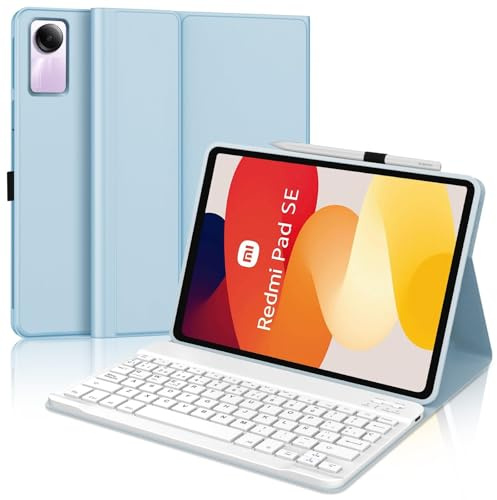 IVEOPPE Funda Teclado para Xiaomi Redmi Pad SE 11 Pulgada 2023 | Capa Keyboard QWERTY Español Ñ, Bluetooth Magnético Desmontable Recargable Teclado con Portalápices, Azul claro