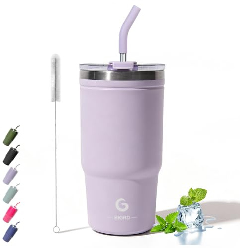 BIGRD Thermobecher mit Strohhalm und Deckel auslaufsicher 591ml,Kaffeebecher to go aus Edelstahl doppelwandig isoliert,Coffee to go Becher für zu Hause, Büro und Outdoor,4h heiß und 8h kalt,Lila
