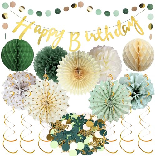 Sage Green Birthday Decorations Women - 18 Pcs Honeycomb Garland Set | 18 Pcs Gold Honeycomb Paper Pom Garland Set for Girls Women Birthday