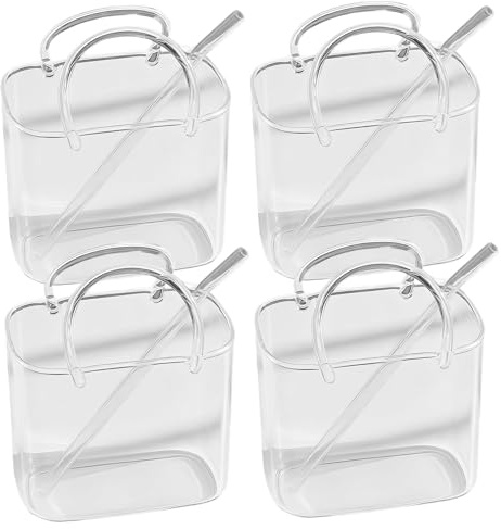 Glass Purse for Drinks, 4PCS Unique Drinking Glasses with Straws, Cute Cocktail Glasses Handbag Design for Juice, Mocktails, Party Glass Purse for Drinks, Drink, Unique Drink
