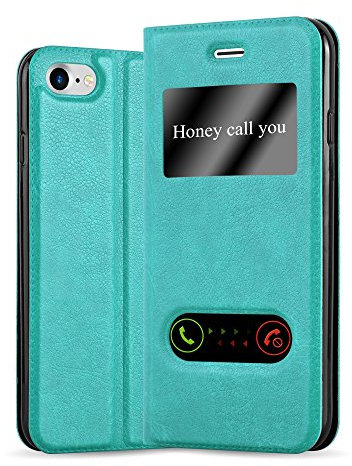 cadorabo Book Case works with Apple iPhone 7 / iPhone 7S / iPhone 8 in MINT TURQUOISE - with Magnetic Closure, 2 Viewing Windows and Stand Function - Wallet Etui Cover Pouch PU Leather Flip