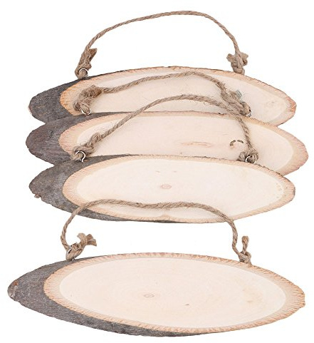 BQLZR 17cm-21cm Natural Pine Wood Log Slices Oval Shaped Discs Tree Bark Wooden Circles with Rope for DIY Crafts Rustic Wedding Ornaments Pack of 4