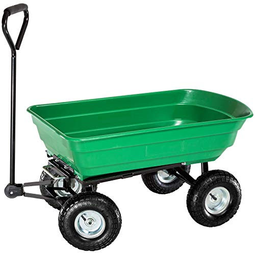 tectake® Garden Cart with Large 70L Volume & Tilting Function, Wheelbarrow with Robust Steel Frame, Spacious Tub & 4 Treaded Tyres, Versatile Garden Trolley for Plants, Soil, Gravel - 300 kg Capacity