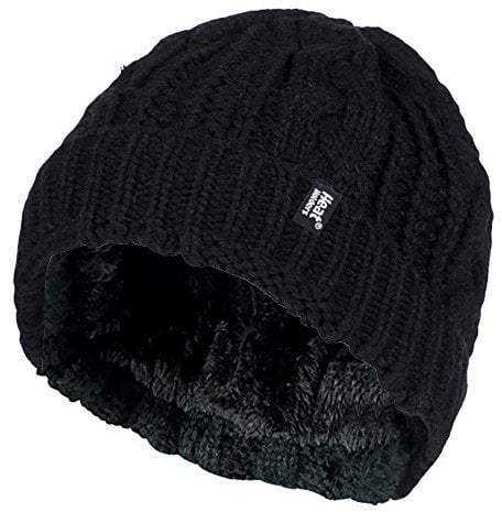 HEAT HOLDERS - Ladies Warm Fleece Lined Insulated Turn Over Cuff Cable Knit Thermal Winter Beanie Hat (One Size, Black (TOR))