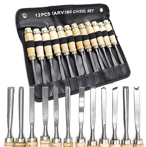 Wiltec Schnitzeisen Set 12tlg. für Holzschnitzerei mit Flacheisen & Hohleisen aus Stahl, Beitel mit Holzgriffen für Kreativität und Hobby