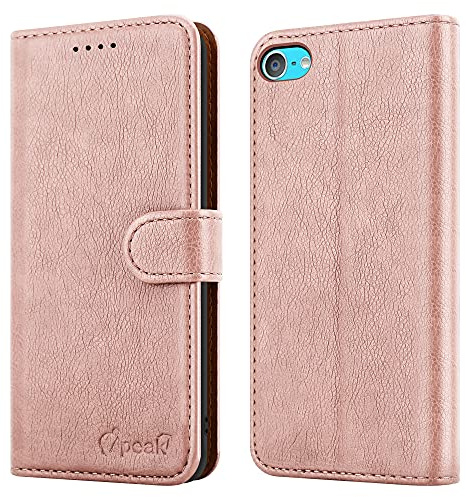 iPEAK Schutzhülle für iPod Touch 7. / 6. / 5. Generatin, Leder, Klappetui, Magnetverschluss, Folio, Ständer, Kartenhalter, Brieftasche, vollständiger Schutz, für iPod Tocuh 5/6/7 Gen (Roségold)
