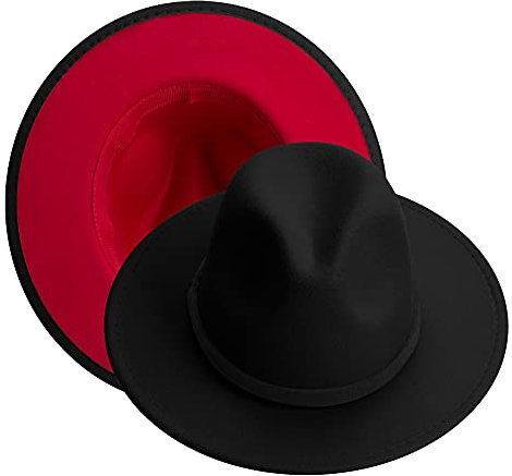 KUJUHA Fedora-Hut mit breiter Krempe für Damen und Herren, schwarz/rot, L/XL