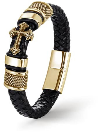 UNIQAL | Kreuz Leder Armband GLORY Cross Bracelet | Geschenk Box | Magnetverschluss (Gold, 19)