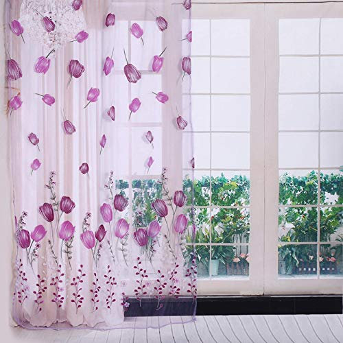 Ftory Tüllvorhang - 100 * 200cm Bunte Tulpen Druck Fenstervorhänge Sheer Drape Tüll Vorhänge für Balkon Wohnzimmer Schlafzimmer Küche Dekorationen(lila)