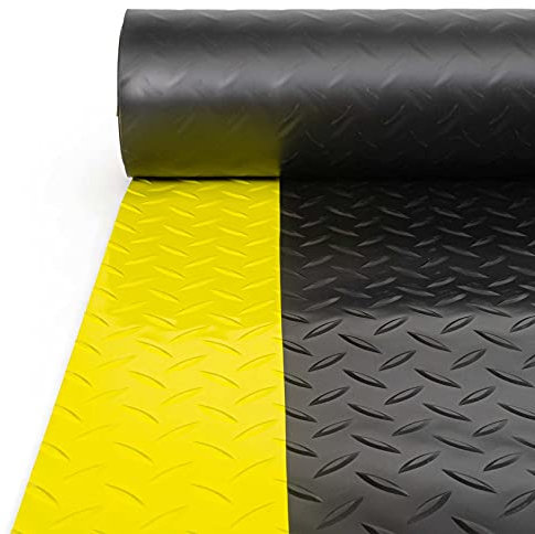 ANRO Tapis de sol avec bandes d'avertissement jaunes 3 mm PVC antidérapant Noir 240 x 120 cm