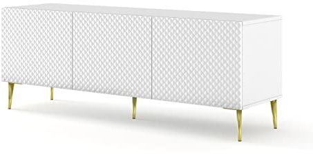 BIM Furniture TV-Schrank Ravenna C 150 cm 3D mit gefräster Front Hochglanz Hochwertiges MDF Diamant Metallbeine Lowboard Sideboard Kommode (Korpus: Weiß matt, Fronten: Weiß Hochglanz, goldene Beine)