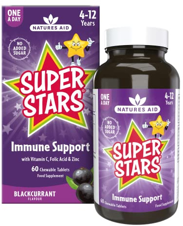 Natures Aid Super Stars Immune Support Chewable Supplement – 60 Tablets | Vitamin C, Zinc, Elderberry & Folic Acid, For Kids Ages 4-12, Supports Immunity, Growth & Energy, Vegan