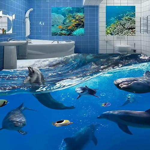 MASTPOINT PVC selbstklebende Fußbodentapete blau Unterwasserwelt Delphine 3D Fliese Fototapete Wohnzimmer Badezimmer wasserdichte Aufkleber
