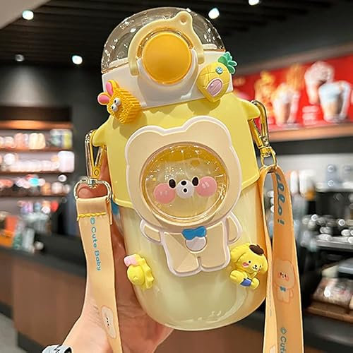 TIAASTAP Kawaii Bear Water Bottle - Cute 3D Sticker Aesthetic Kids' Bottle with Straw, Strap for School, Travel, Home (Yellow)