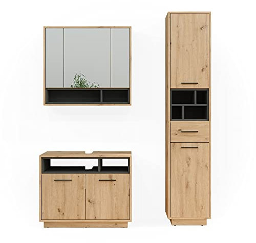 Vicco Badmöbel-Set Beatrice, Badezimmerschrank-Set, Eiche/Anthrazit, 3 Teile, mit Hochschrank