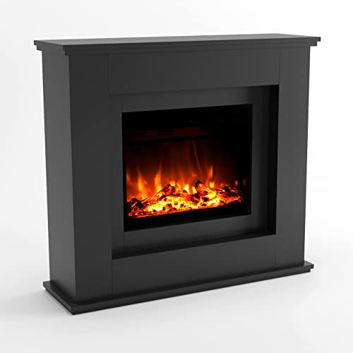 GLOW FIRE Elektrokamin mit Heizung und Kaminfeuer (Standkamin Europa) - elektrischer Kamin mit LED-Feuer in 3 Farben, Heizlüfter, Holz-Deko & Fernbedienung, 111x101x33 cm, Grau