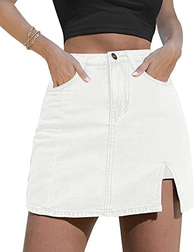 NEYOUQE Jeans Rock Damen Shorts Einfarbig mit Taschen Kurze Hose Damen Casual Weißer Rock Seitenschlitz mit High Waisted Jean Shorts Weiß L 44 46