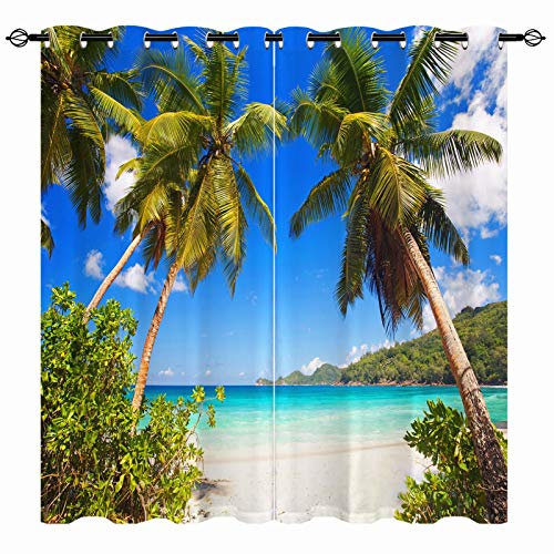 YUANZU Tropische Vorhänge Strand Küste Palmen Sommer Ozean Ösen Gardinen mit Blickdichte Vorhang Kälteschutz Blackout Curtain Wohnzimmer Schlafzimmer Verdunkelung Fenster, 2 Stück, H 114 x B 132 cm