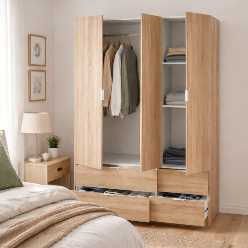 Dmora - Kleiderschrank Weymouth, Schlafzimmermöbel mit 3 Türen und 2 Schubladen, Kleiderbügel, 135x52h200 cm, Eiche