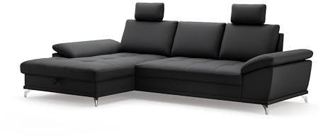 Cavadore Eckcouch Castiel mit Federkern / Ecksofa mit XL-Longchair, Bett, Bettkasten, Sitztiefenverstellung, Kopfstützen und mattschwarzen Metallfüßen / 301 x 89-114 x 176 / Echtleder, Schwarz