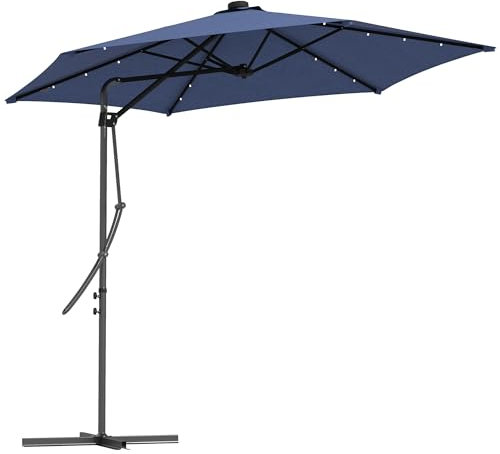 Outsunny Sonnenschirm, Ø290 cm Ampelschirm mit UV-Schutz, LED Balkonschirm mit Kreuzfuß, Terrassenschirm mit Schutzhülle, für Garten, Stahl, Dunkelblau