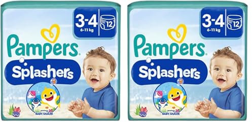 Pampers Windeln Größe 3-4, Splashers Baby Shark Limited Edition, Einweg-Schwimmwindeln, für sicheren Schutz im Wasser, 12 Stück(Verpackung kann variieren) (Packung mit 2)