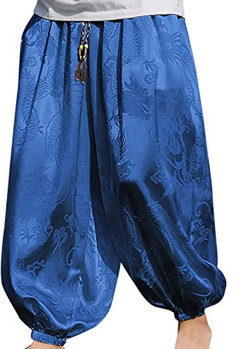 Haremshose Herren Leinenhose Lang Lose Fit Yogahose Leicht Sommer Hosen Taillehosen Aladinhose Herren mit Taschen Strandhose Beach Japan Style Bequeme Sommerhose Luftig Blau XXL
