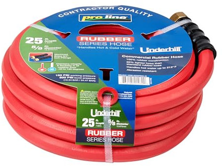 Underhill Proline Rubber Series Robuster Gartenschlauch für heißes oder kaltes Wasser, leicht, 500 PSI BP, 150 PSI WP, H58-025PRO-R 5/8 Zoll x 7,6 m, Rot