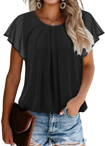 Zeagoo Womens Blouses Batwing Sleeves Mesh Ladies Tops Double-Layered Tunic Tops Loose Flowy Shirts Black XXL